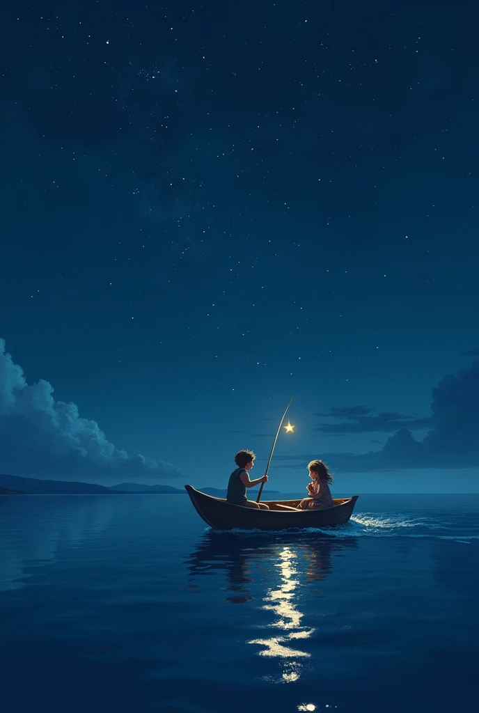 Drawing the ocean surface from above。
On the sea surface、The photo shows the pirate's 4-year-old brother and 1-year-old sister aboard a small boat.。
Using a fishing rod、Trying to fish out the constellation crown reflected on the night sea surface、Gazing into the sea。
