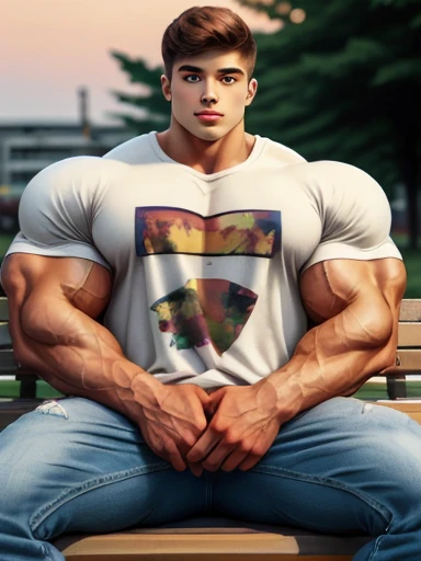 brutalmass, 1boy, sitting on a bench, casual clothes, baggy jeans, (graphic tshirt:1.2), sunset background, soft smile, a cute sweet man, big brown eyes