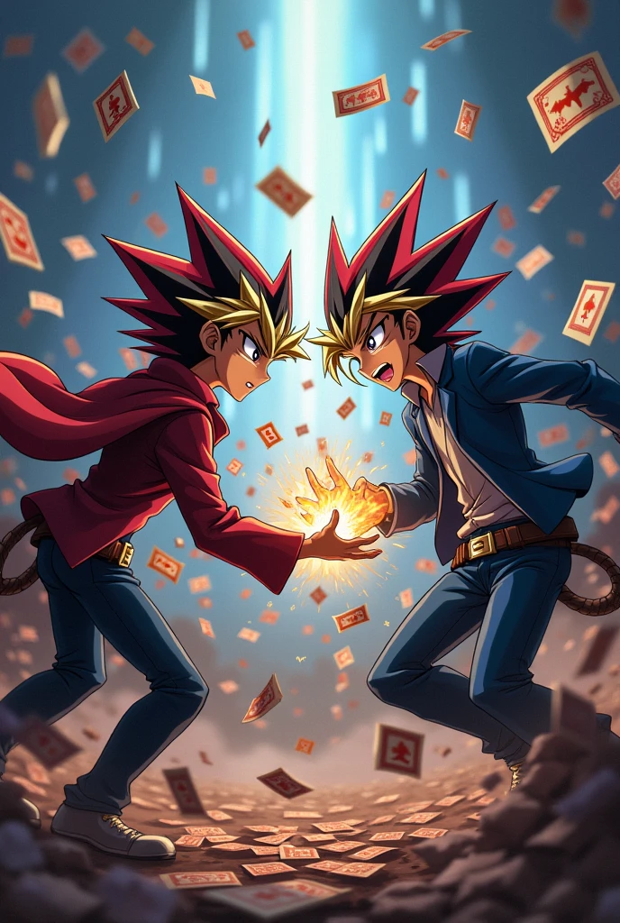 (Card Game design:1.2), Scattered cards, anime "Yu-Gi-Oh!", in battle scenes, characters use cards to summon their followers for duels. Capture the movements of followers and track the release of cards, RAW photo, color graded, surreal, (captivating chiaroscuro:0.1), dynamic movement, full body, award-winning, cinematic still, emotional, dynamic, vivid, (masterpiece, best quality, photorealistic, Professional, perfect composition, very aesthetic, absurdres, ultra-detailed, intricate details:1.3)