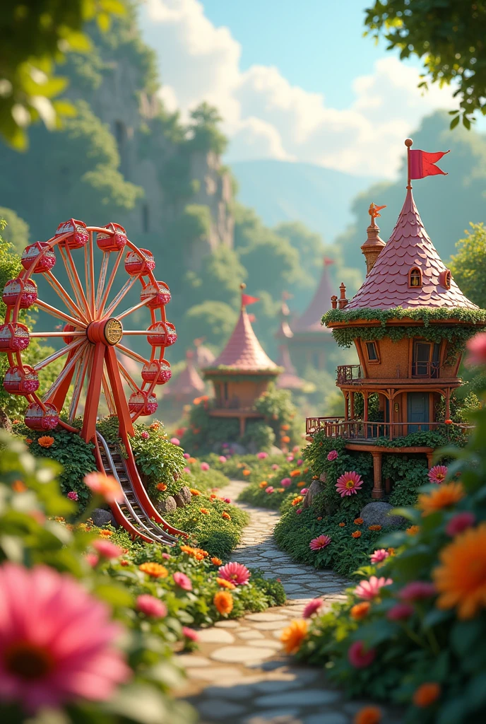 An amusement park for little people in a big garden、There is a roller coaster and a Ferris wheel.、A large flowerpot has been turned into a building、The amusement park is bright and lit up.。