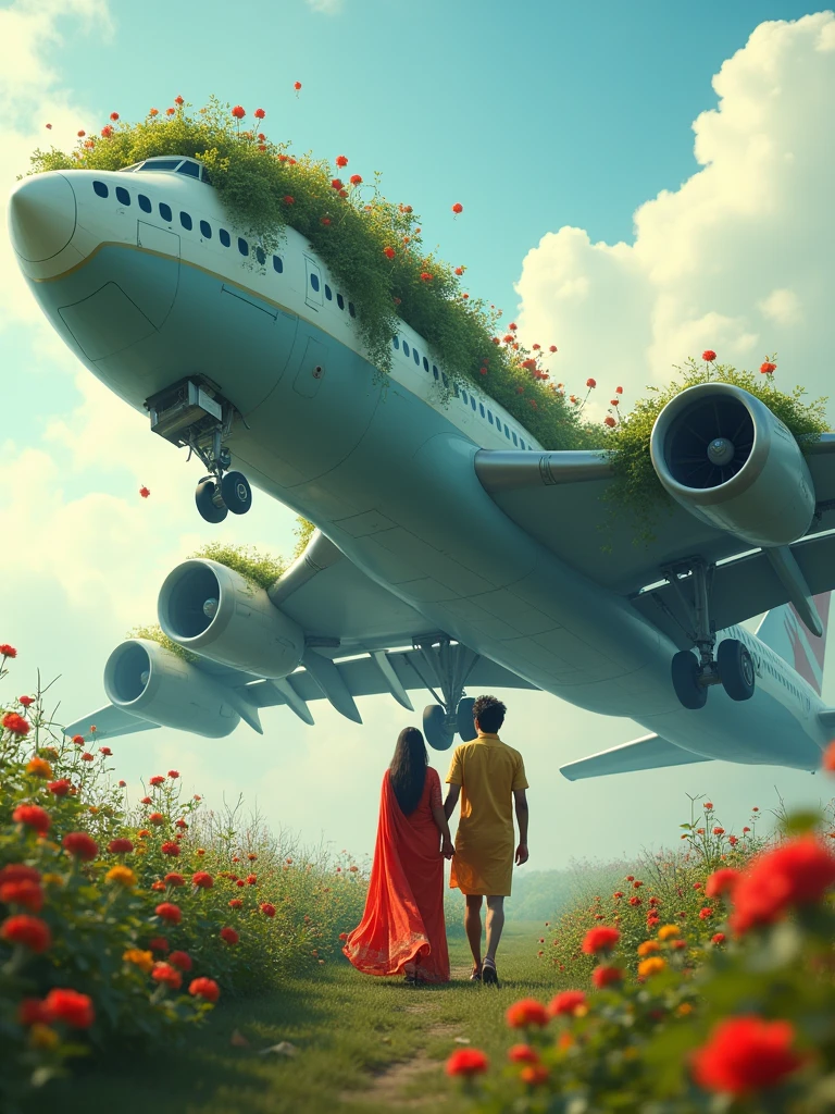 There is a very big aeroplane and there is a 22 year old Indian boy and he has a girlfriend who is wearing a red coloured saree both are above the aroplane and the garden is settled on the aroplane the girl is walking the little shy  and the boyfriend is behind him. HD Ultra realistic art image