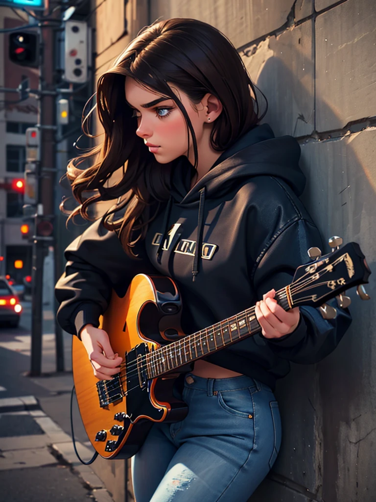 Pretty brunette, 22 years old, wearing a black hoodie and blue jeans, playing electric guitar against a wall, pensive and slightly sad expression, detailed facial features, detailed eyes and lips, complex urban background, whimsical lighting, Cinematic composition, Realistic photo, high quality, 8k, ultra detailed