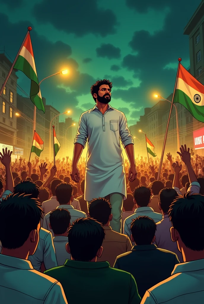 A large crowd of tamilnadu people of mostly men, gathered in a city street waving green flags and banners. In the center, a man with dark hair and beard wear white shirt  is sitting in platform addressing crowda man face front view on a platform. Night time , creating a dramatic atmosphere golden sparkle,The entire front face should be visible clearly  ,cartoon 