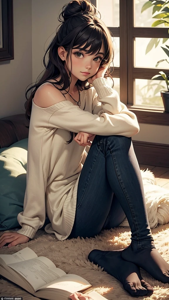1_girl, solo, Pose: Woman seated on the floor with legs extended or slightly bent, leaning back on her arms or gently resting her hands on the floor.Expression: Calm and content, with a soft smile or a relaxed, dreamy gaze.Attire: Comfortable yet stylish outfit such as a flowing dress, a casual top with leggings, or a cozy sweater with jeans.Hair: Styled naturally, with loose waves, a soft bun, or straight hair that falls gently around her face.Makeup: Soft and natural, with warm tones that enhance her features in a subtle way.Background: A cozy indoor setting such as a living room with soft rugs, a bohemian-inspired space, or a minimalist area with a few tasteful decor elements.Lighting: Soft, diffused lighting that creates a warm, inviting glow and accentuates the relaxed nature of the pose.Accessories: Simple and minimal, such as a delicate necklace, a cozy blanket, or a pair of comfortable socks.Props: Optional, such as a cup of coffee, a book, or a soft pillow that enhances the cozy atmosphere.Mood: Relaxed, peaceful, and intimate.