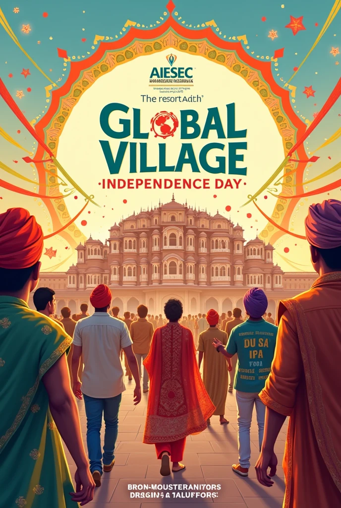 Global Village poster with indian culture and indian independence day celebration saying that independence day just got cooler with Global village brought to you by AIESEC in jaipur 

Add Rajasthani culture and independence day theme 

Add hawa mahal in background

Date - 7/9/24
Venue - Jawahar kala kendra 