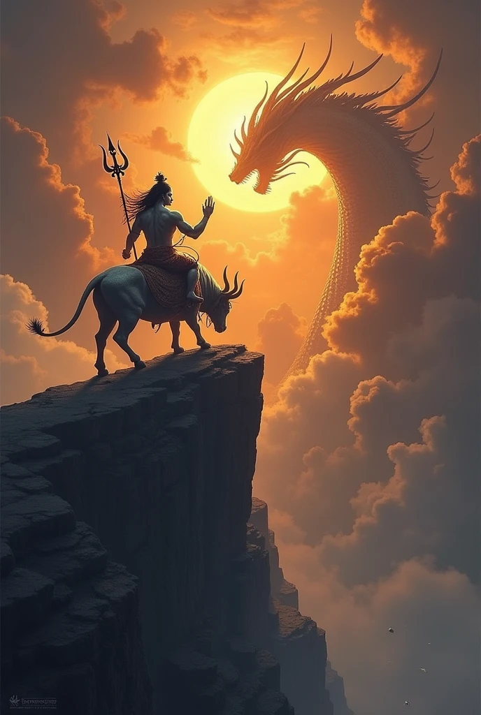 Lord siva sitting on a bull , 4 hand, most powerful Trident in his hand, stand on a  mountain clif looking in deep black horizon , the sun high in the sky ,but a big   5 headed dragon going to eat the sun , thunder touching the Trident, deep black cloud