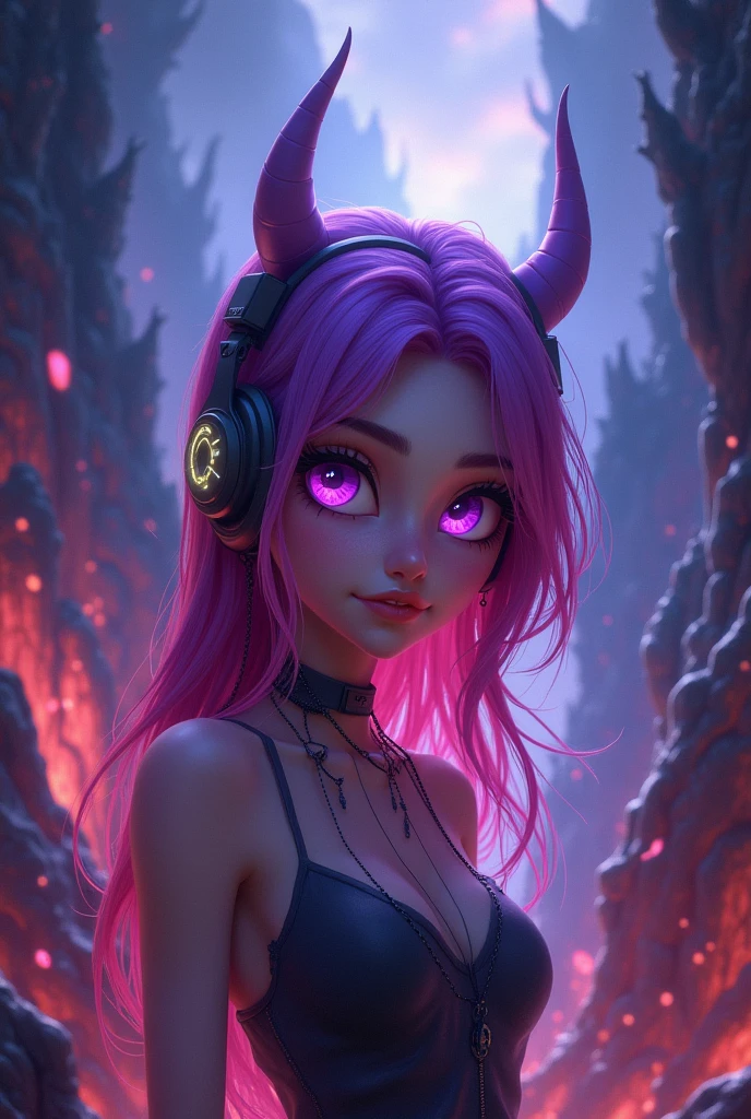 Animated woman with purple pink hair, slightly flashing selestes eyes with headphones watching the devilish landscape