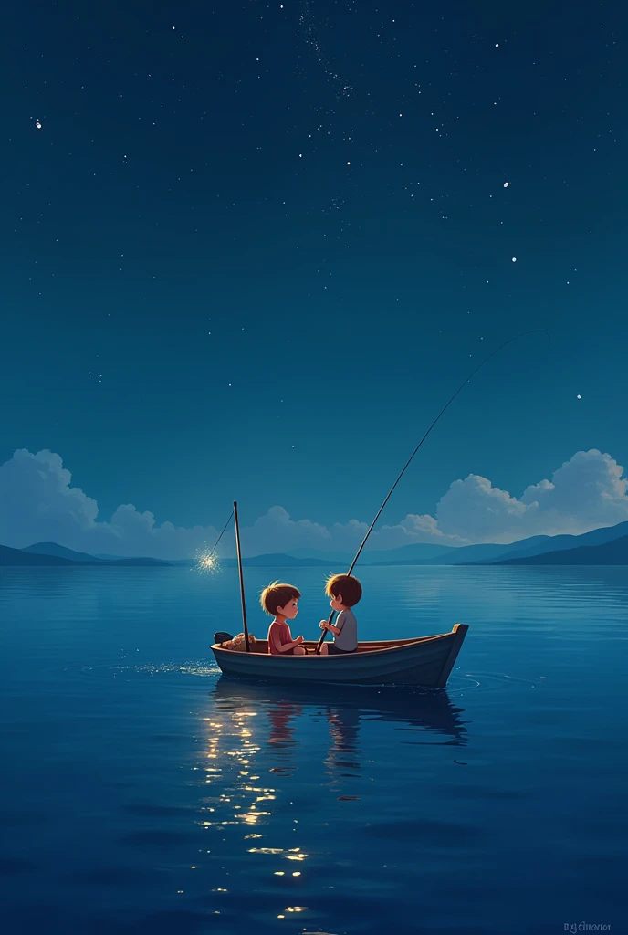 Night sea surface seen from above。
On the water surface、The photo shows the pirate's 4-year-old brother and 1-year-old sister aboard a small boat.。
They use fishing rods、Trying to fish out the constellation crown reflected on the water。
They are looking under the boat。