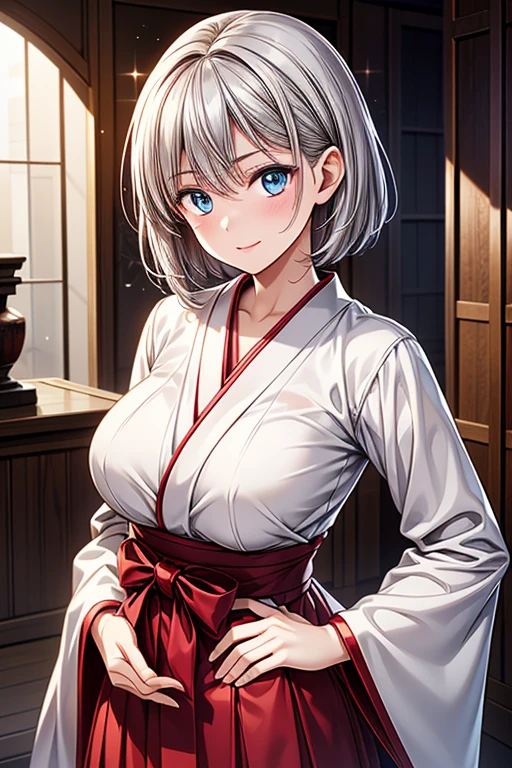 #Basics A girl is posing for a photo, (((One Girl))), (((:1.4)) + ((cute:1.4)) + ((15 years ak
#Clothing Accessories
(Shrine maiden costume) : ((A black and red haori with large sleeves)) + ((White Hakama Skirt)) + (traditional shrine maiden costume),
break
#Features
((Silver Hair:1.2)) + ((hime cut hair:1.4)),
((Droopy eyes:1.4, Big eyes:1.2), blue eyes), (Neutral facial features),
break
#background environment
((noon, A reception room in a large Western-style building)),
#Facial Expression Pose
(smile, blush), (Standing with one hand on one hip),
#composition
(Look into the camera), ((Character Focus), (Angle from the front), (Cowboy Shot)),
break
#Body parts elements
(Slim figure),
(Symmetrical facial features),
(Detailed Hair, Beautiful Hair, Shiny Hair),
(double eyelid, Long eyelashes, Thin eyebrows:0.5, Thin eyebrows:0.5),
(Expression of fine eyes, Beautiful and delicate eyes, Sparkling eyes, Eye Reflexes, Glitter Eyeliner),
(Human Ear),
(Beautiful Nose, Thin Nose),
(Glossy Lips, Beautiful Lips, Thick lips),
(Detailed skin, Textured skin, Beautiful Skin, Oily skin),
break
#Quality Image Quality Common
(((Highest quality)), ((masterpiece:1.3)), ((Very detailed))), ((Ultra-high resolution)), ((16K, 1080P)), ((Full HD)),
(Anatomically correct), (Realistic), (3DCG), (Oil painting),
((comics, anime)), (CG illustration), (RAW Photos),