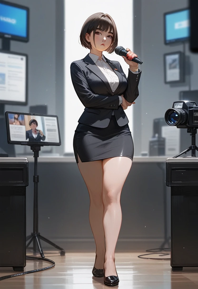 (score_9,score_8_up,score_7_up) 1lady asian, solo, mature female, (black short hair), bob hairstyle, bangs, almond eyes, (suit), tight black blazer, (tight pencil_skirt), blank expression, pale, ((thick thighs)) ((black high heels)) ((wide hips)) standing upright, full body shown, holding microphone, news reporter, busty, thick legs, thick thighs pressed together, asian woman, hourglass bodyfigure, staring at camera, asian details, facing forward, detailed face, staring, long fingernails, natural nails