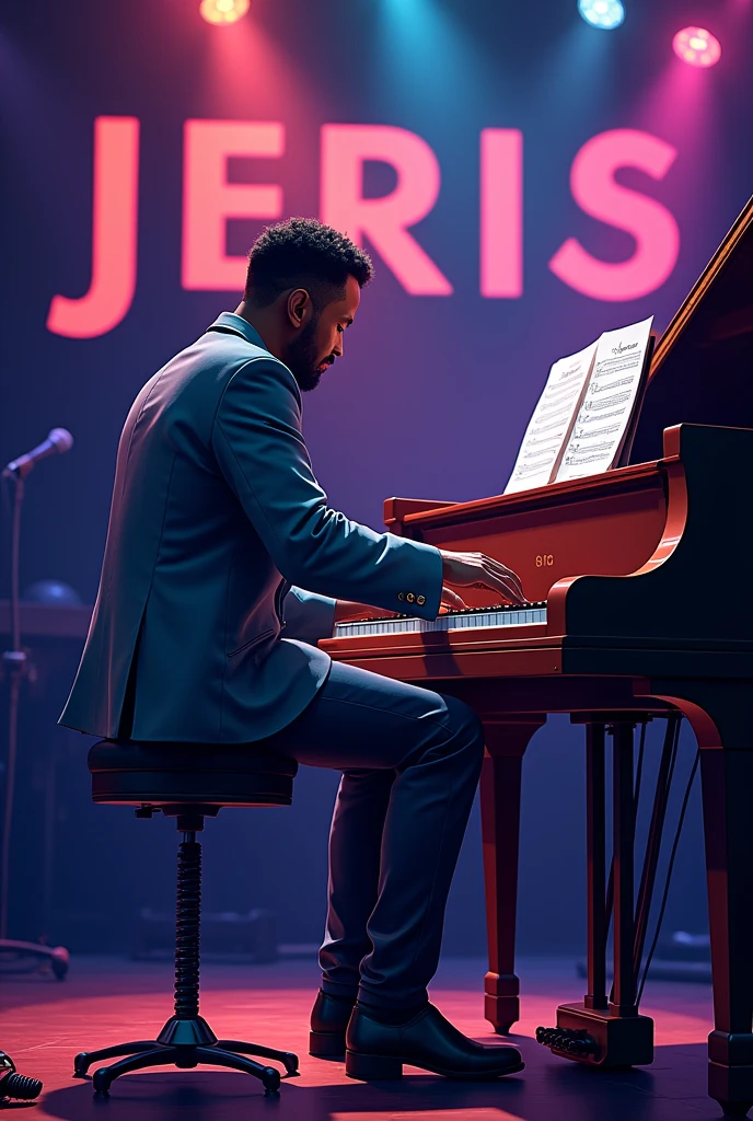 A jazz pianist performing at stage in a dark room..and there is writing ''JerisMusicRecords"..image is in cartoon 