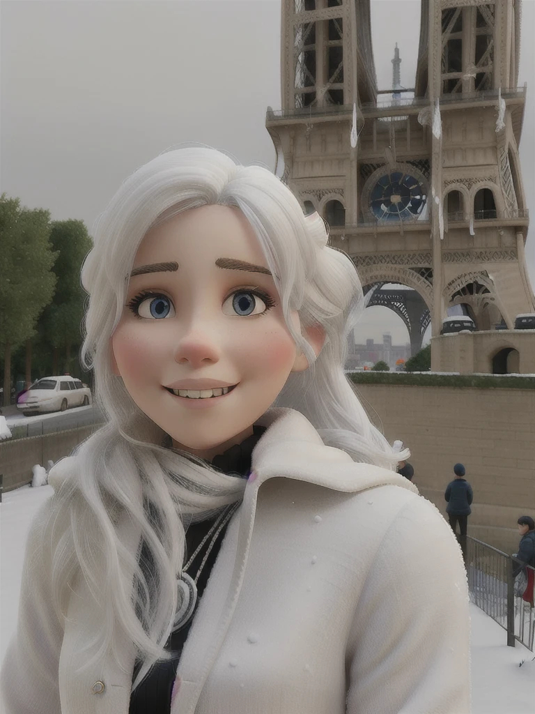 Woman with snow-white hair, with the Eiffel Tower in the background