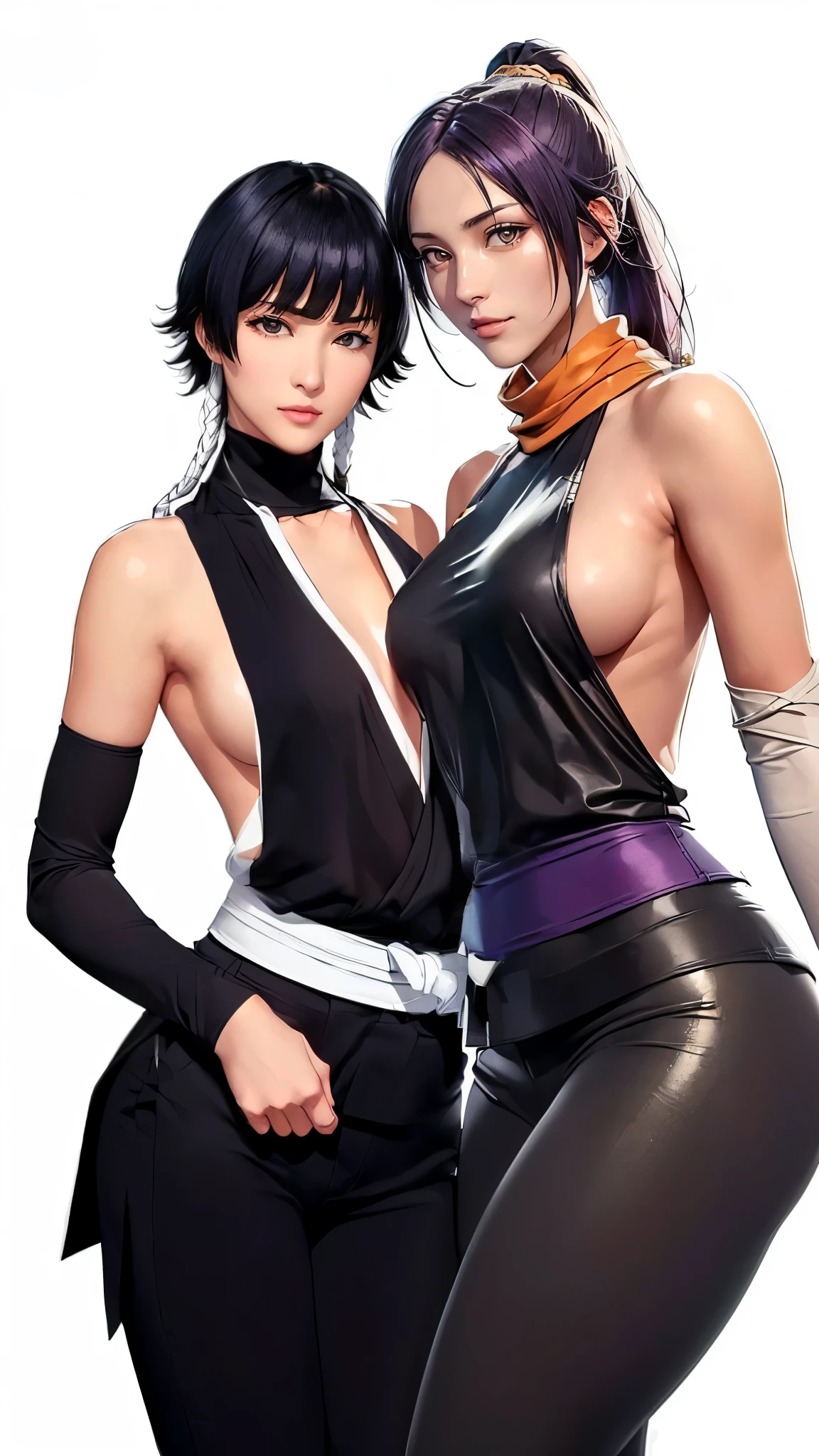 (（（Perfect body,White and tender skin,（（（japanese clothes, sideboob，Black top, Gold belt, black sleeves, black Japanese pants ）））,（（（sui-feng, short hair, short hair with long locks，Black hair））），((masterpiece)),high resolution, ((Best quality at best)),masterpiece,quality,Best quality,（（（ Exquisite facial features,Looking at the audience,There is light in the eyes,Smile））），Two Women，Embrace）））,（（（Light and shadow,Small chest，）））,（（（Looking at the camera,White background,)））),