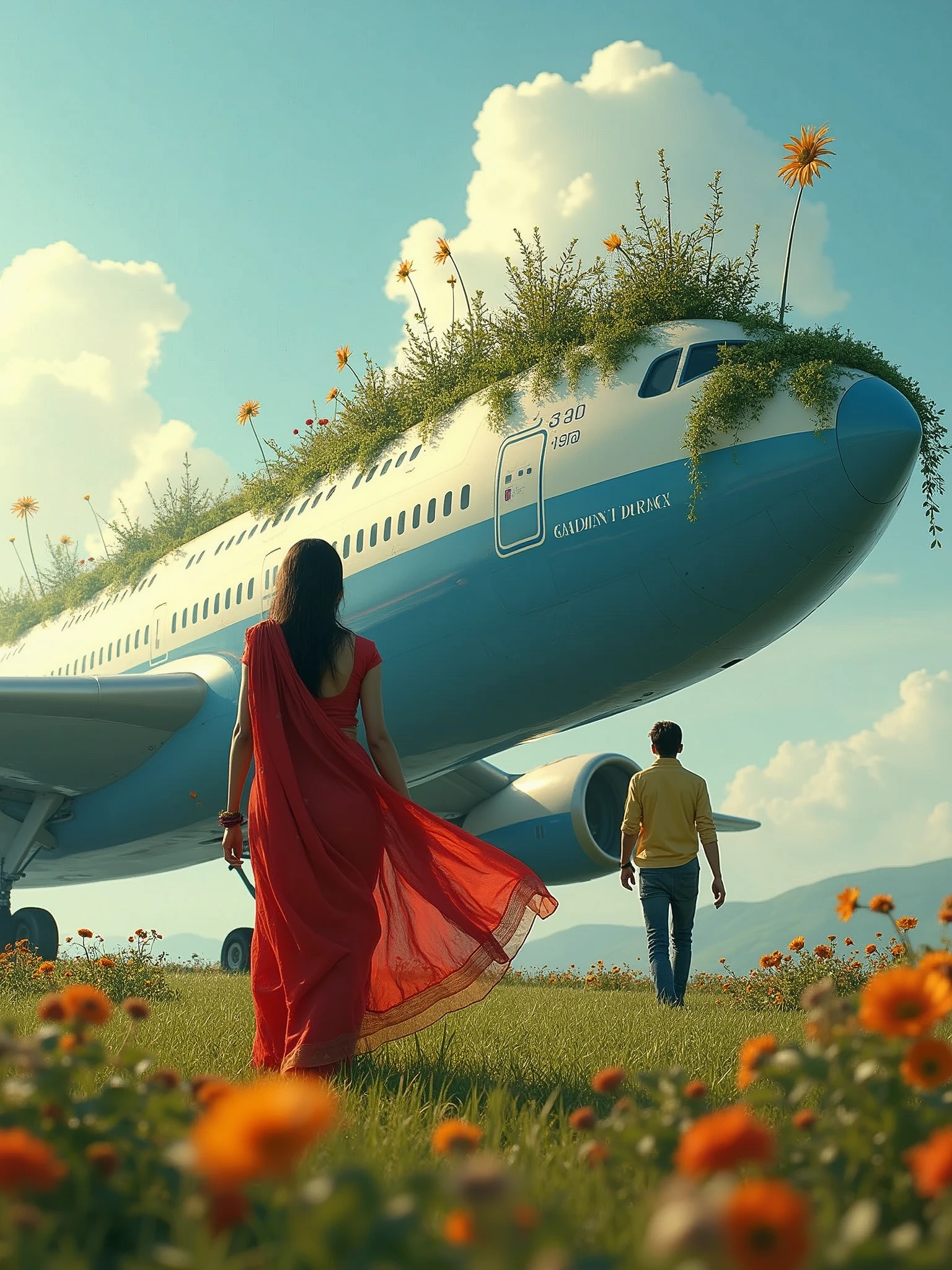 There is a very big aeroplane and there is a 22 year old Indian boy and he has a girlfriend who is wearing a red coloured saree both are above the aroplane and the garden is settled on the aroplane the girl is walking the little shy  and the boyfriend is behind him. HD Ultra realistic art image