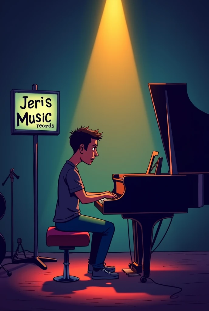 A jazz pianist performing at stage in a dark room..and there is writing ''JerisMusicRecords"..image is in cartoon 