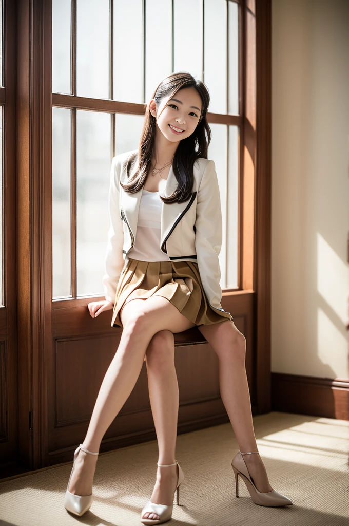 (Only one person), Pure very Young Japanese girl, sexual attractive, wearing classical jacket and blouse long pleated skirt, high heels, natural makeup, black longhair, sweet smile, shiny white skin, natural body, sitting by the large window, dazzling sunlight, traditional style room, Professional Portrait Photography、