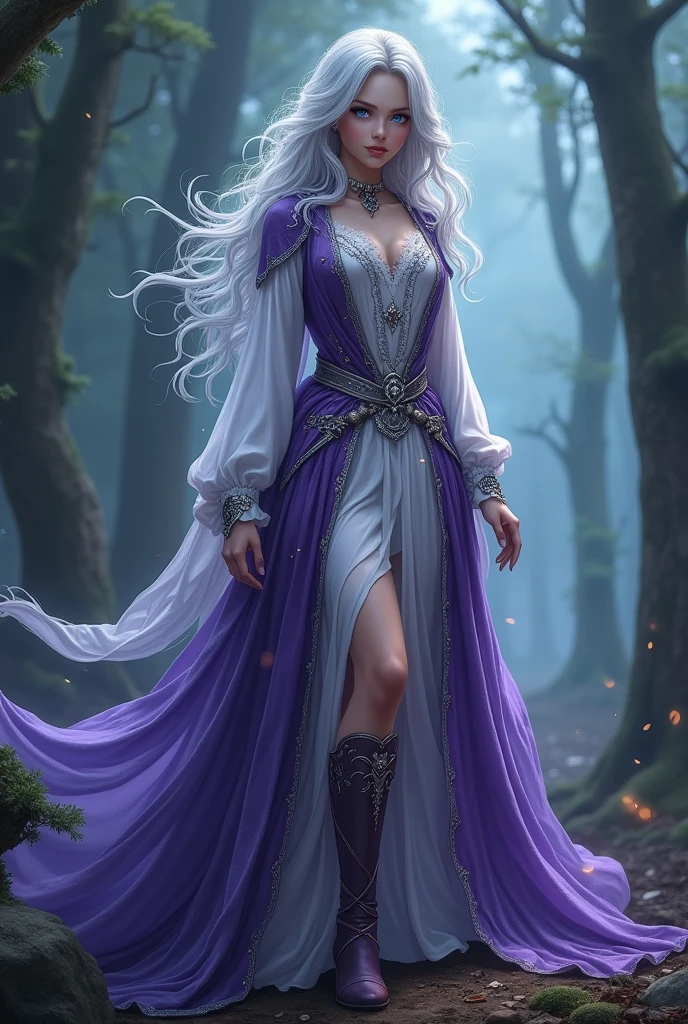 "Full-body, 18-year-old sorceress, silver wavy hair, bright blue eyes, slender build, purple and white robe, silver embroidery, magical tools belt, elegant boots, mystical forest background, glowing magical aura."