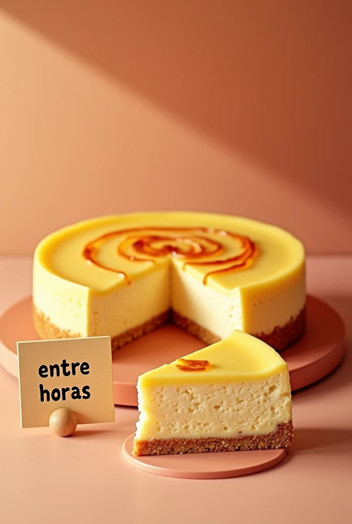 Create advertising with a cheesecake that says on a sign "between hours" in Spanish