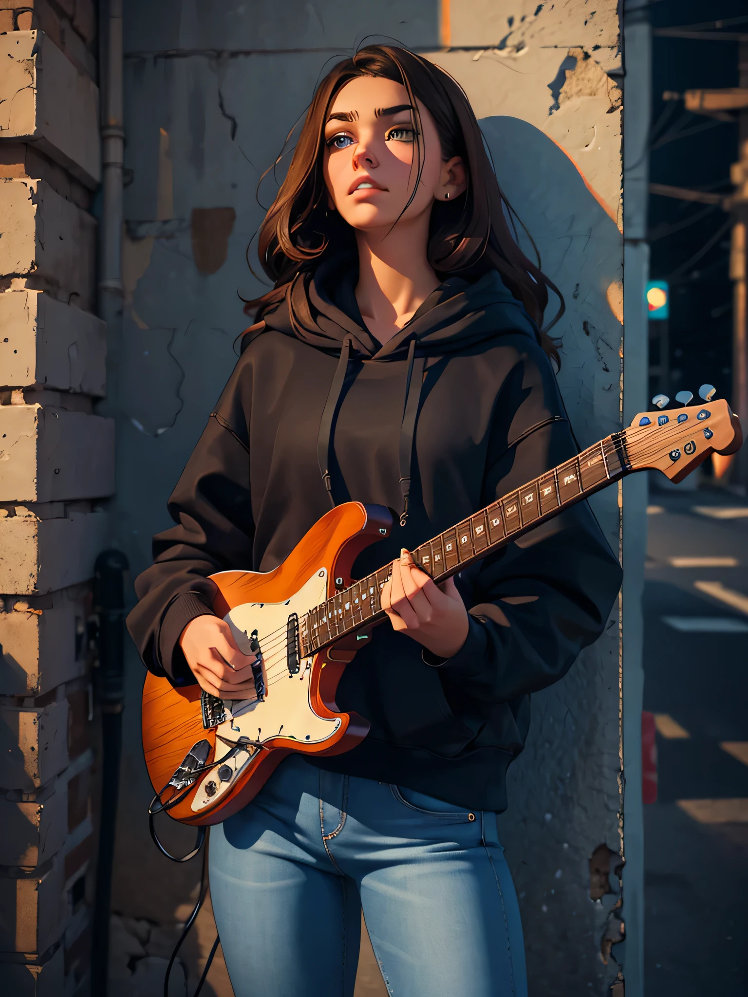 Pretty brunette, 22 years old, wearing a black hoodie and blue jeans, playing electric guitar against a wall, pensive and slightly sad expression, detailed facial features, detailed eyes and lips, complex urban background, whimsical lighting, Cinematic composition, Realistic photo, high quality, 8k, ultra detailed