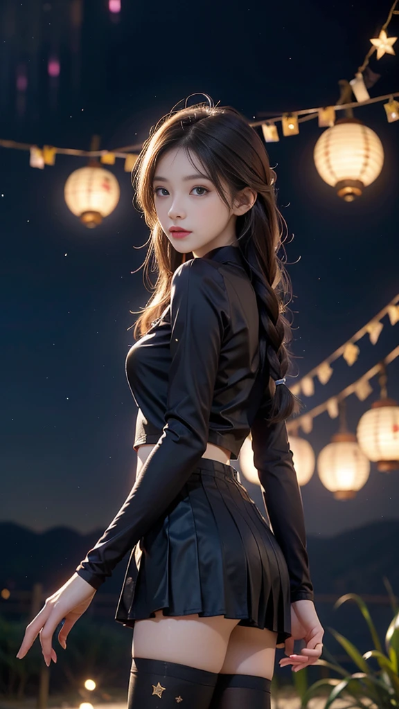 ulzzang-6500-v1.1, (RAW photo: 1.2), (Real photo), (Real photo: 1.4), 1 girl、Perfect anatomy、19 years old、Looking at the camera、Medium length hair、side braids, uniform short skirt, in a surreal royal garden, with many hanging lanterns, under the starry night sky, ((starry night: 1.1))、(Surreal tights: 1.2), (Business service)、Asian eyes Ella,