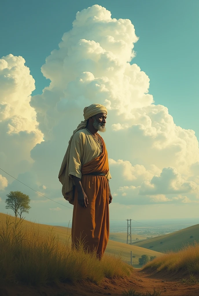A somali man in the country side with his farm and sky clouds