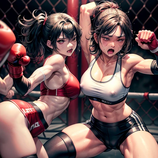 punch, punch, punch. life or death struggle. survival battle. dynamic exciting action in the octagon ring. whole body picture. two bloody beautiful Japanese high school student girl fighters are looking at each eyes. they are beating each other so hard. Their punches are hitting opponent's face. they are covered in scars and bruises. they are damaged terribry. Short-cut black hair, out of breath, drooling from mouth, one eye closed, exhausted, drenched in sweat. Erect nipples. open finger glove. sports-bra, high-leg panty. Stockings. armwarmers. Excellent proportion body.