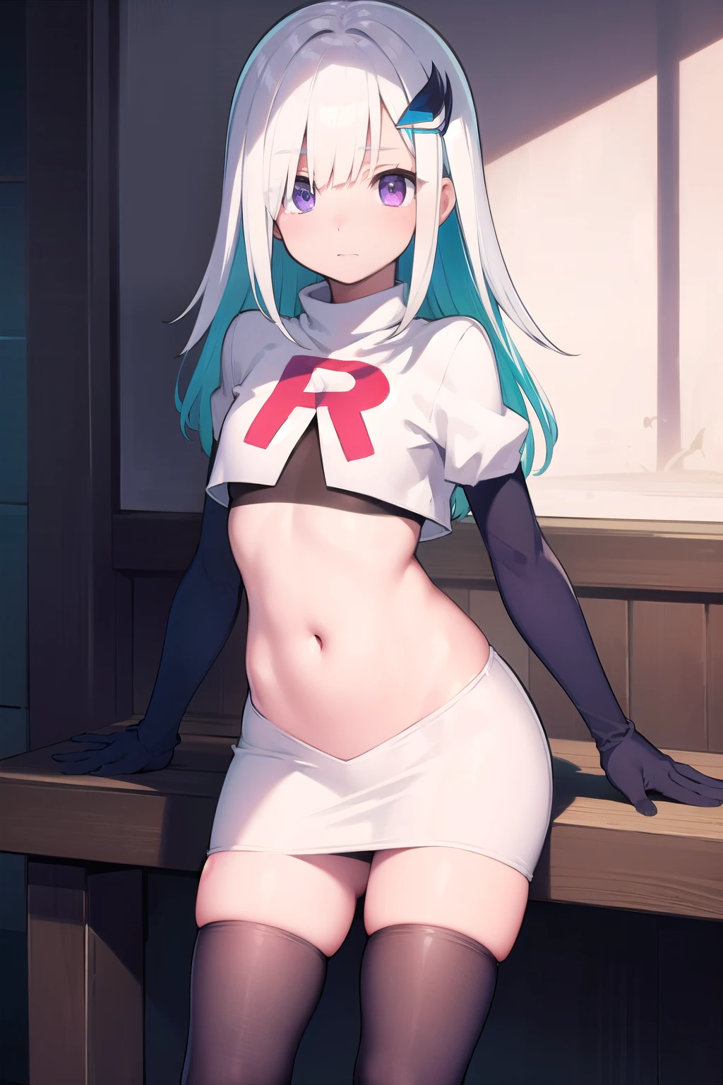 lizehelesta, lize helesta, blue hair, blunt bangs, colored inner hair, hair flaps, hair ornament, long hair, multicolored hair, (purple eyes:1.1), sidelocks, two-tone hair, white hair, (small breast:1.2),
BREAK virtual youtuber, team rocket,team rocket uniform,white skirt,red letter R,crop top,black thigh-highs,black elbow gloves,
BREAK looking at viewer,
BREAK outdoors,
BREAK (masterpiece:1.2), best quality, high resolution, unity 8k wallpaper, (illustration:0.8), (beautiful detailed eyes:1.6), extremely detailed face, perfect lighting, extremely detailed CG, (perfect hands, perfect anatomy),