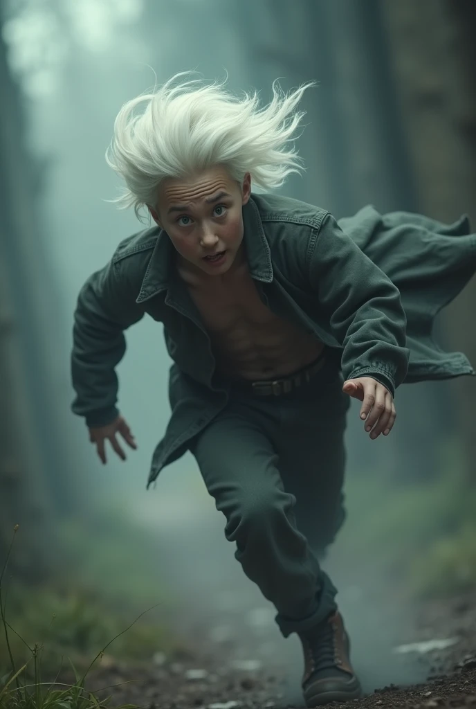 Young white haired man running away