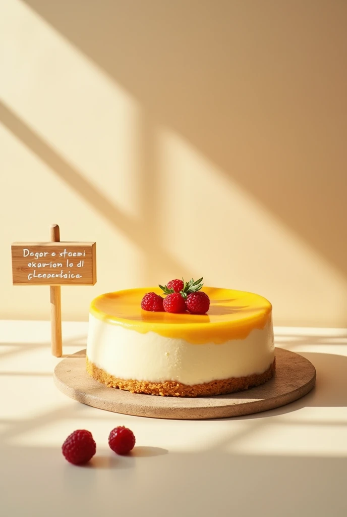 Create advertising with a cheesecake that says on a sign "between hours" in Spanish