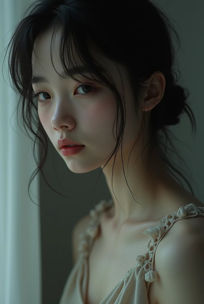 a woman with her nose down