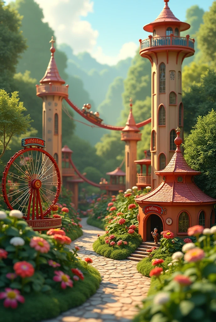 An amusement park for little people in a big garden、There is a roller coaster and a Ferris wheel.、A large flowerpot has been turned into a building、The amusement park is bright and lit up.。