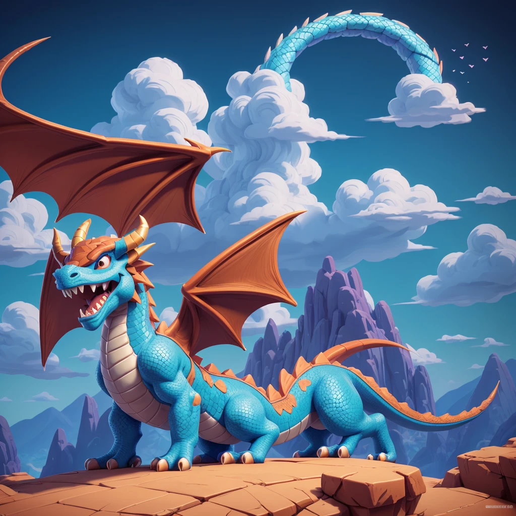 Pixel game，Game Character Design，Good Dragon，Dragon smiling, A dragon looks like a happy one, Pixel Mountains，Pixel clouds，16-bit pixel art, 3D Rendering, Octane Render, axonometry, bright colours, Texture smoothing, dinamic lighting