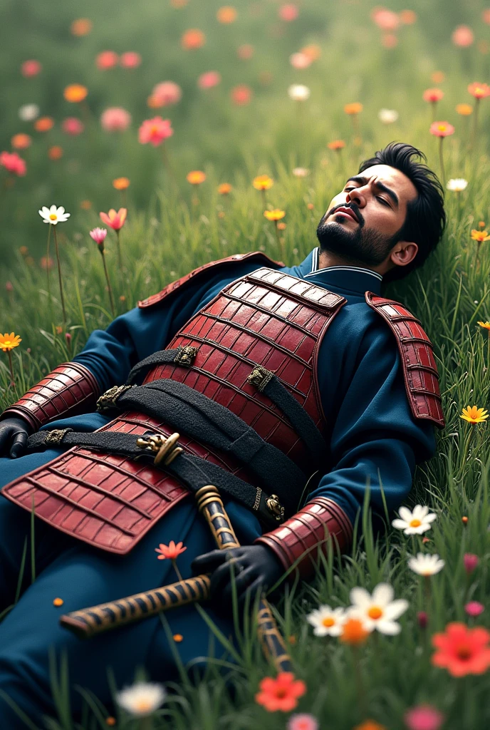A samurai fallen in battle lying in a meadow of flowers