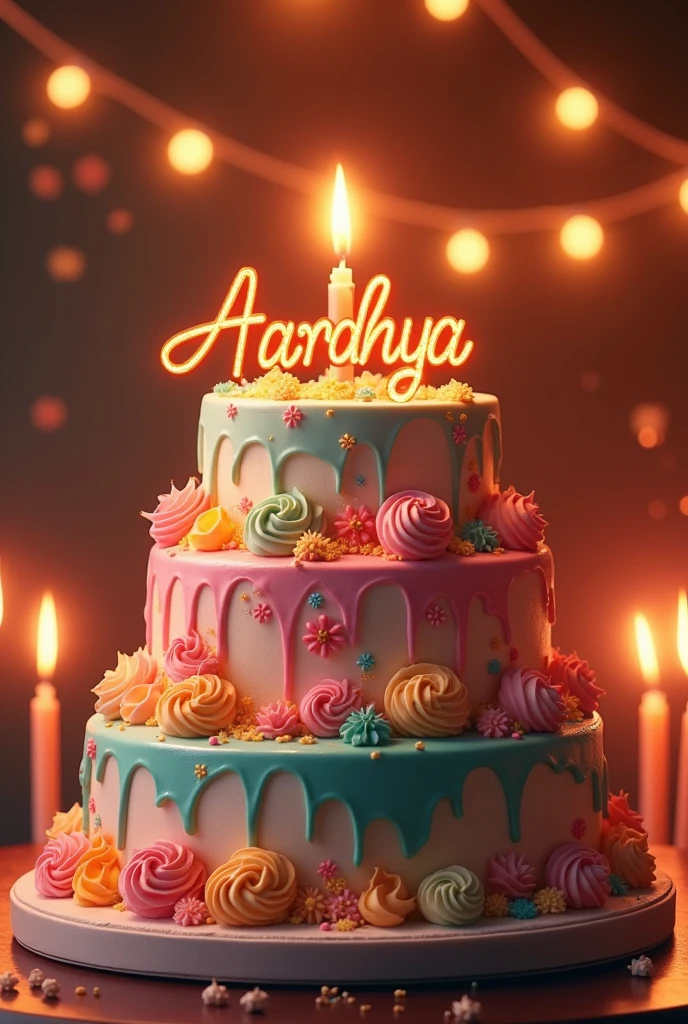 Happy Birthday cake with my name ( Aardhya ) print on cake and candles sparkling