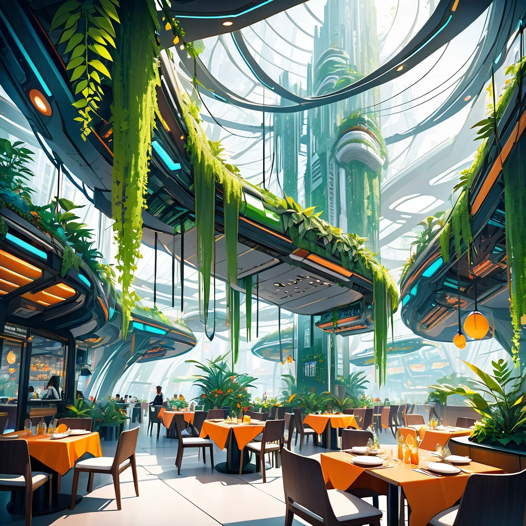 Interior of hanging restaurant in ecofuturistic city, with many green and colorful plants decorating the interior of the restaurant, futuristic city.
