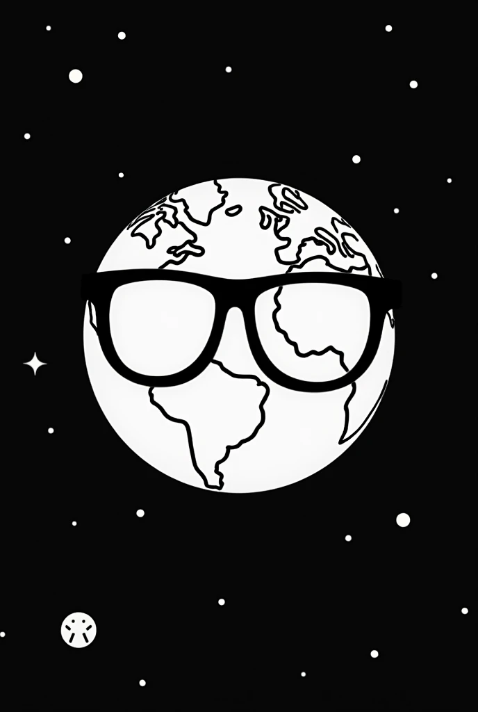 Planet Earth with glasses or big black glasses floating in space can not have extremities,nose, mouth, that is, without human characteristics, the image must be black and white and must be from a Japanese anime, manga or animated cartoon