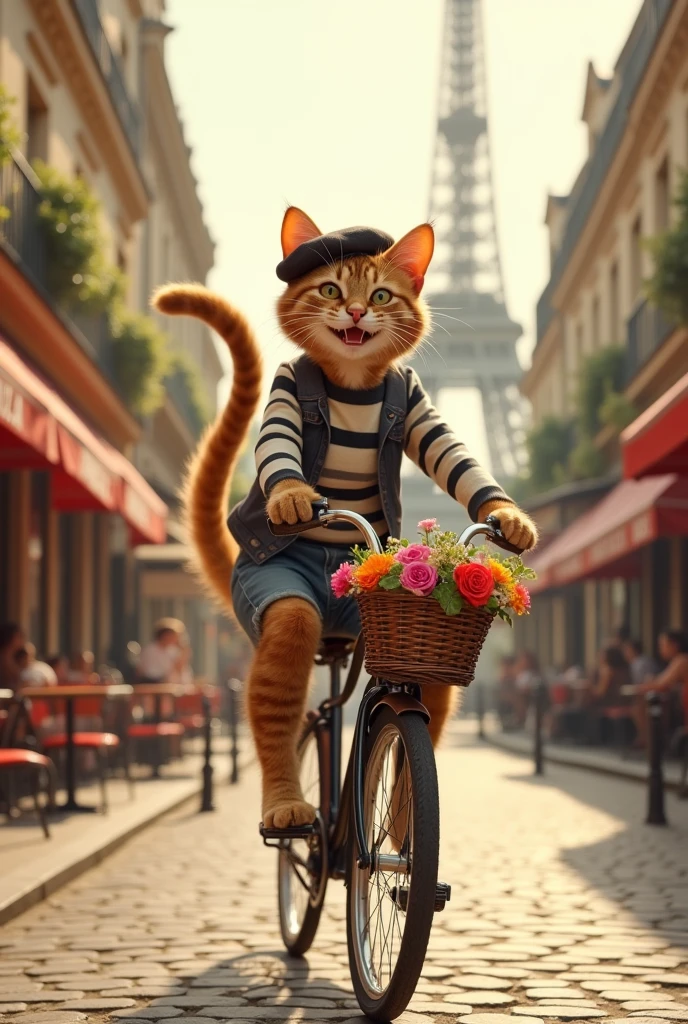 A cheerful cat riding a vintage bicycle through the streets of Paris, with a big smile on its face. The cat is wearing a stylish beret and a striped shirt, adding a French flair. The backdrop includes iconic Parisian landmarks like the Eiffel Tower and quaint café terraces, with soft sunlight casting a warm glow over the cobblestone streets. The cat’s tail is raised high in excitement as it pedals along, with colorful flowers in the bike's basket swaying gently in the breeze."
This prompt should help you create a charming and whimsical image of a cat enjoying a ride in Paris.