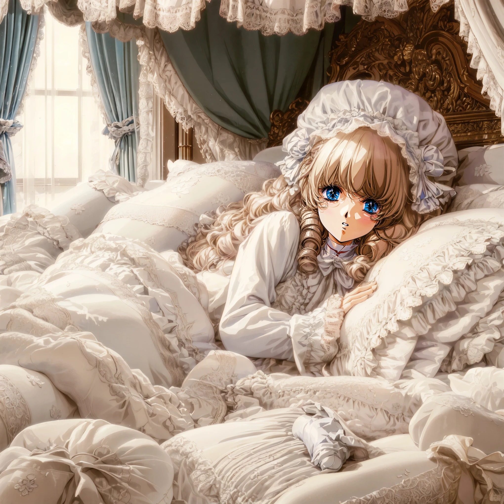 1980 style animation illustration, The girl is sitting on the bed,Anime illustrations, A lot of small white feathers, Lolita fashion long-sleeved long skirt nightgown with frills and ribbons, frilled nightcap,in the Victorian luxury bedroom,on a huge and wide Victorian canopy bed, a bed skirt with many pillows and frills with frills, Soft pillows,Soft frilled divet,big soft divet covered bed,Softly sink divet,colorful pillows in pastel colors, pink curtains with frills around the bed, detailed face,blond long hear,blue eyes,frilled white socks,white fur slipper,
