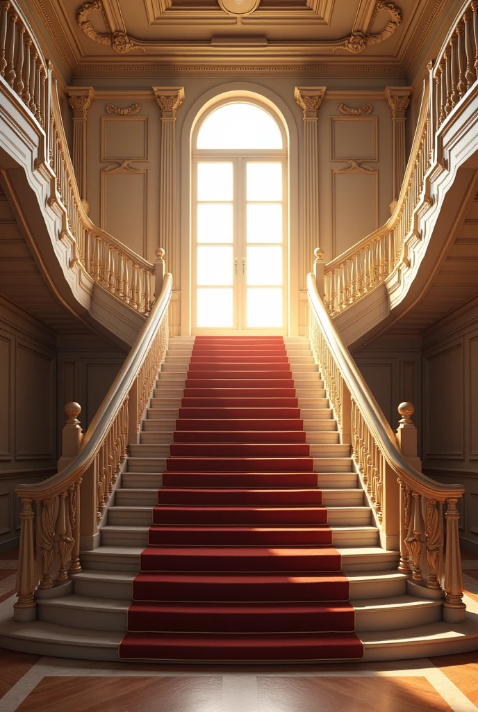 Image of a bifurcated staircase with balusters on either side with a central landing and bifurcation on either side with similar angle