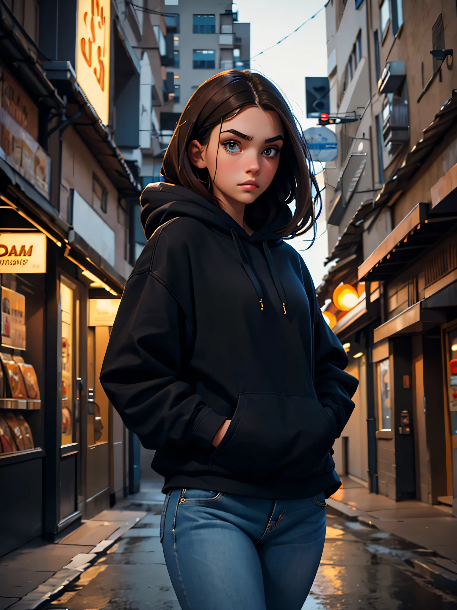 a pretty brunette girl, 22 years old, wearing a black hoodie and blue jeans, walking on an urban street, pensive and slightly sad expression, detailed facial features, detailed eyes and lips, complex urban background, whimsical lighting, Cinematic composition, Realistic photo, high quality, 8k, ultra detailed