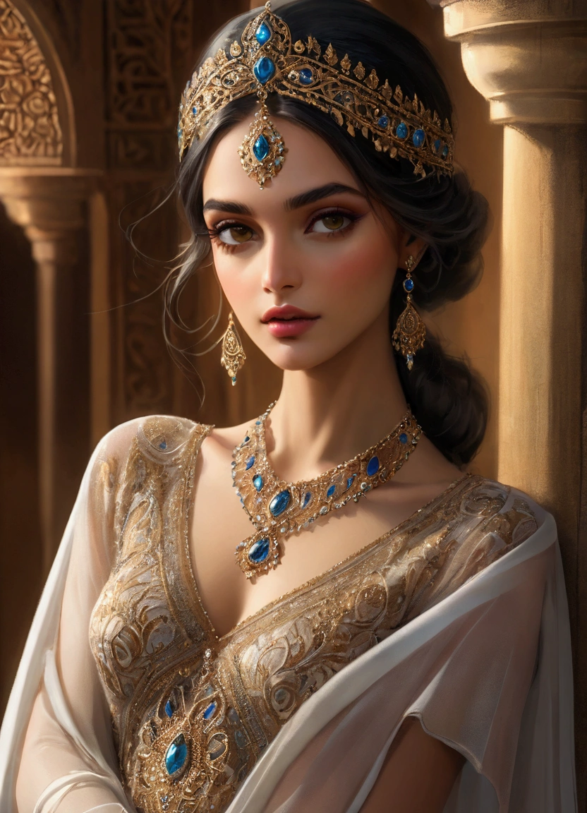 a beautiful persian female model, elegant and graceful, wearing magical realism style fashion design, high fashion editorial, dramatic lighting, ethereal, ((Inspired by Megan Hess)), cinematic, masterpiece, best quality, 8k, ultra-detailed, photorealistic, dramatic shadows, warm color tones, dramatic chiaroscuro lighting, fantasy, magical realism, intricate and ornate details, flowing fabric, dynamic pose, captivating gaze, delicate features, flawless skin, luxurious jewelry, intricate headpiece, mesmerizing