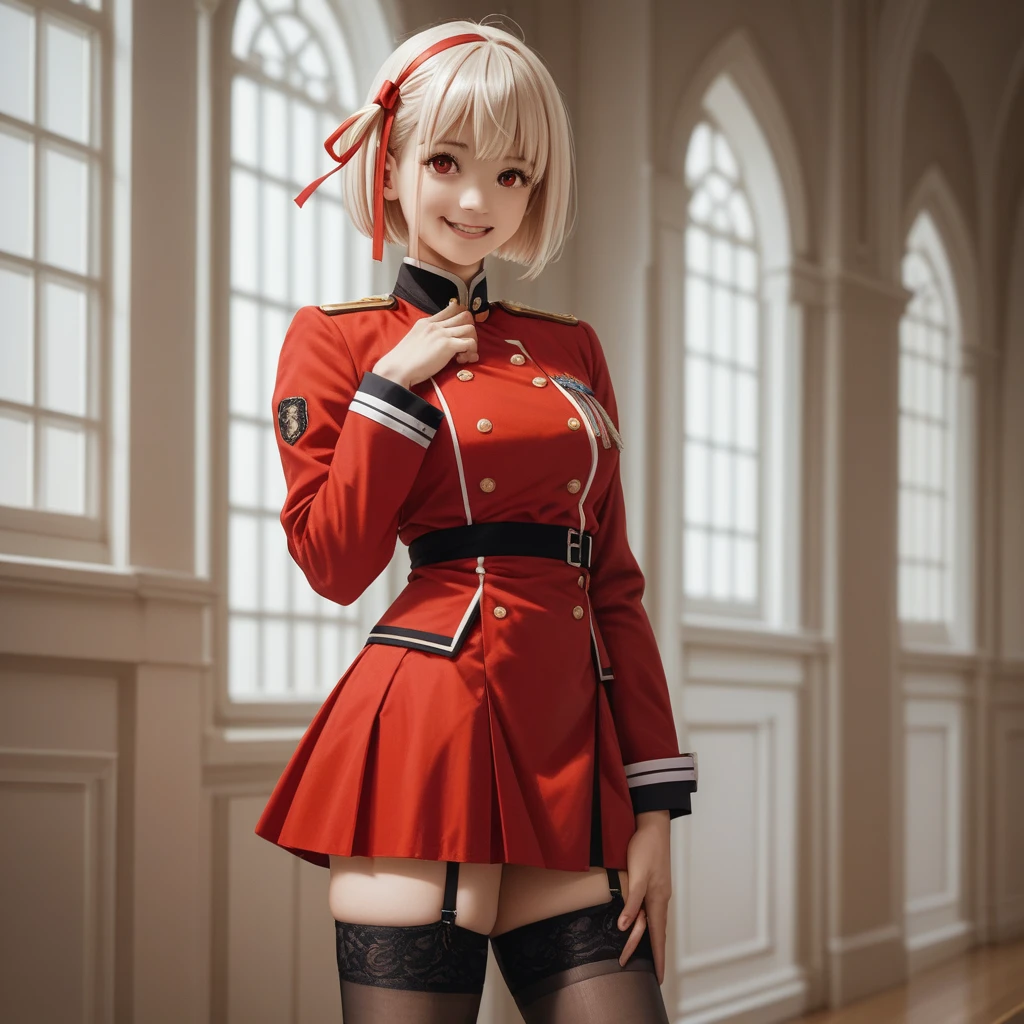 Chisato, 1girl, bangs, indoor, short hair, smile, solo, standing, sexy pose, mediun breast, red uniform, garter straps, stocking, hands behind, red side ribbon, lyrcoris recoil uniform,