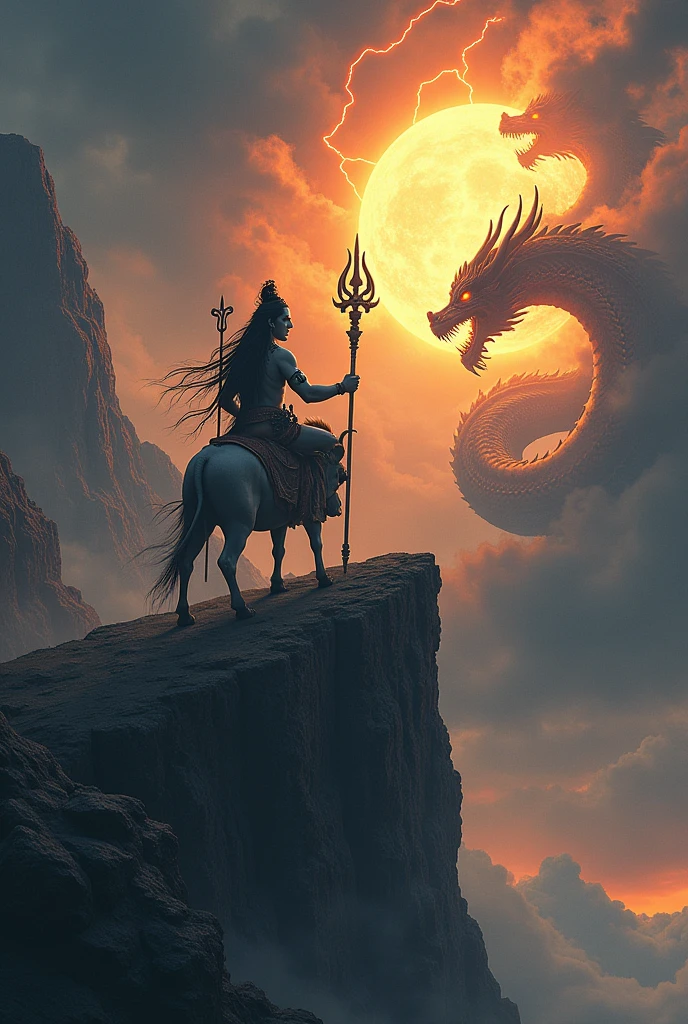 Lord siva sitting on a bull , 4 hand, most powerful Trident in his right hand, stand on a mountain clif looking the five headed dragon with very rage , the sun high in the sky ,but a big 5 headed dragon going to eat the sun , thunder touching the Trident, deep black cloud