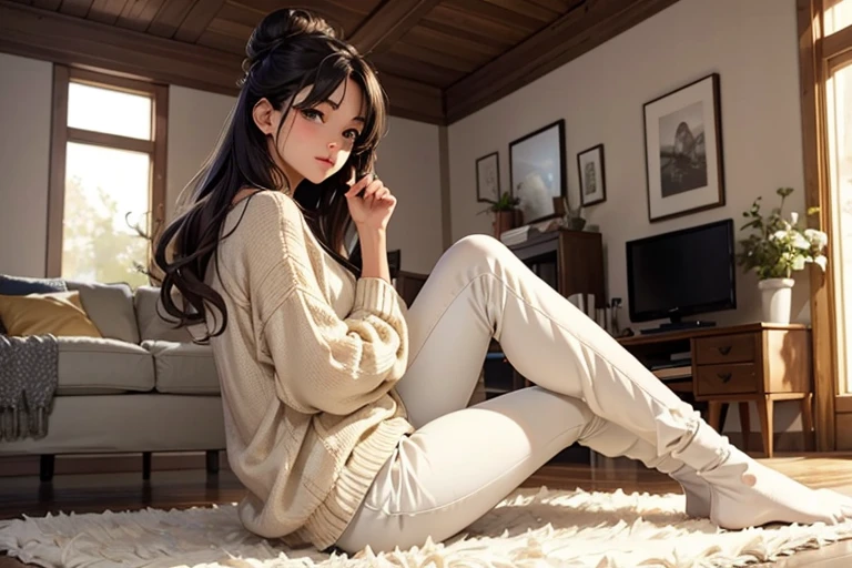 1_girl, solo, Pose: Woman seated on the floor with legs extended or slightly bent, leaning back on her arms or gently resting her hands on the floor.Expression: Calm and content, with a soft smile or a relaxed, dreamy gaze.Attire: Comfortable yet stylish outfit such as a flowing dress, a casual top with leggings, or a cozy sweater with jeans.Hair: Styled naturally, with loose waves, a soft bun, or straight hair that falls gently around her face.Makeup: Soft and natural, with warm tones that enhance her features in a subtle way.Background: A cozy indoor setting such as a living room with soft rugs, a bohemian-inspired space, or a minimalist area with a few tasteful decor elements.Lighting: Soft, diffused lighting that creates a warm, inviting glow and accentuates the relaxed nature of the pose.Accessories: Simple and minimal, such as a delicate necklace, a cozy blanket, or a pair of comfortable socks.Props: Optional, such as a cup of coffee, a book, or a soft pillow that enhances the cozy atmosphere.Mood: Relaxed, peaceful, and intimate.