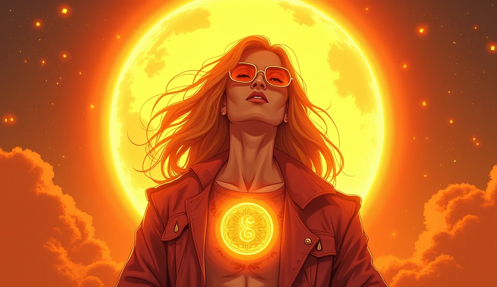 A vibrant illustration of the Sun shining brightly over a person with a Leo symbol glowing around them. The person exudes confidence and charisma, with a radiant, powerful aura. -ar 16:9