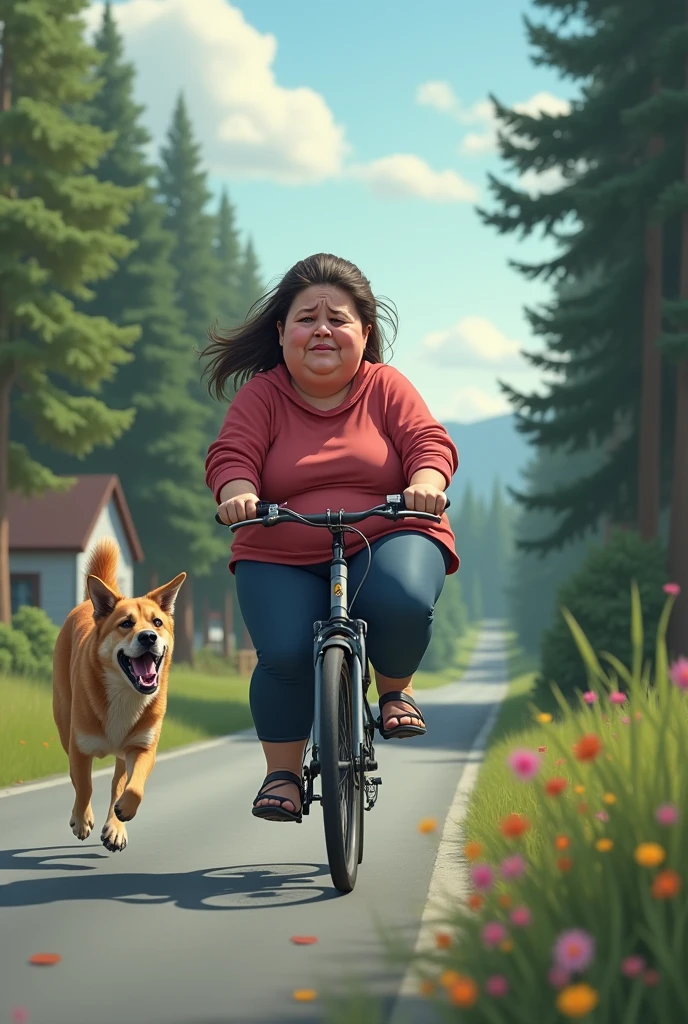 A fat women riding cycle from road to home in canada, while a dog following her and running to bite her leg, and women crying
