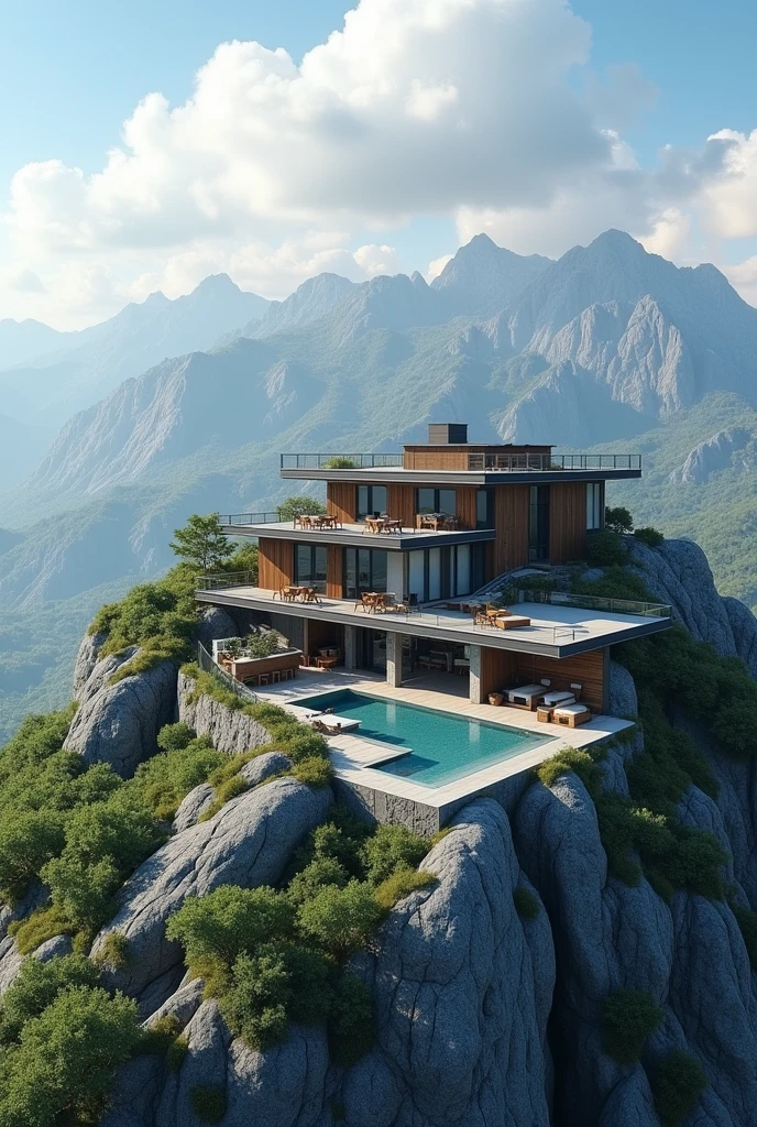 a modern realistic hotel about 30 meters long/Two-story building on top of a mountain with ample parking, a small restaurant on one side and a pool in the back viewing area., but I want to see him face to face