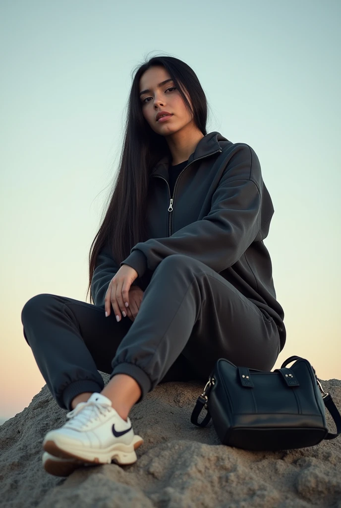 a 78 kilo woman sitting on top of a rock holding a bag, a portrait, tumblr, wearing a tracksuit, long straight black hair, arabella mistsplitter, angiewolf, portait profile photo, low perspective, mid-body photo, tease , soft in the background , profile picture , high soles , ava max , low quality photo , profile picture