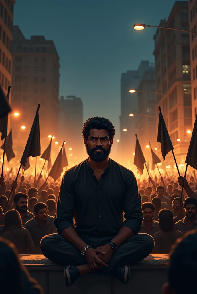 A large crowd of tamilnadu people of mostly men, gathered in a city street waving black flags and banners. In the center, a man with dark hair and beard wear black shirt  is sitting in platform protesting crowd a man face front view on a platform. Night time , creating a dramatic atmosphere golden sparkle,The entire front face should be visible clearly  ,