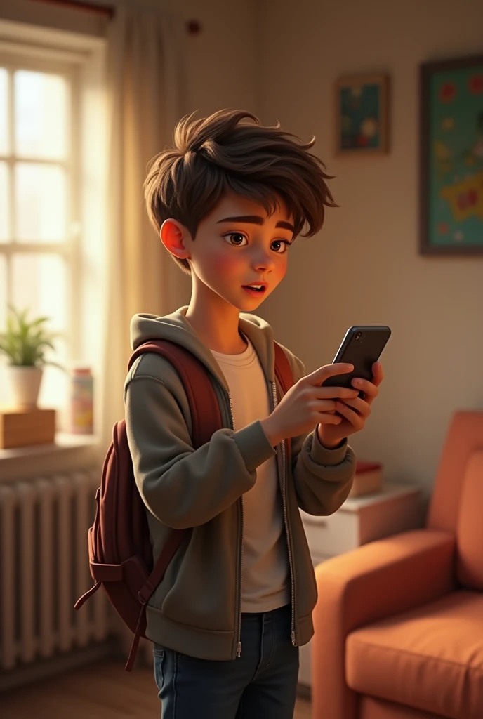 Create an image of 13 year old boy standing in a room catching his iphone